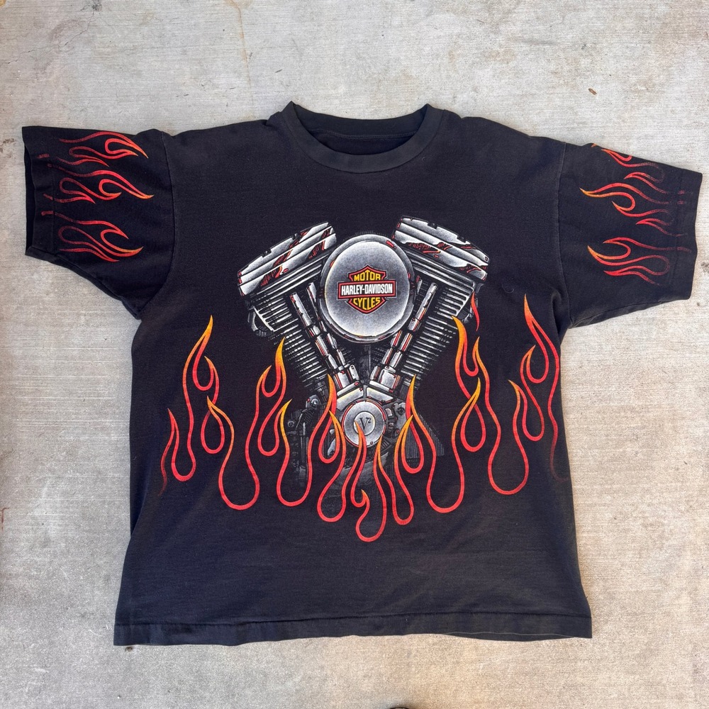 Vintage 90s Harley Davidson Flame AOP Graphic T shirt Size XL Kentucky RARE USA